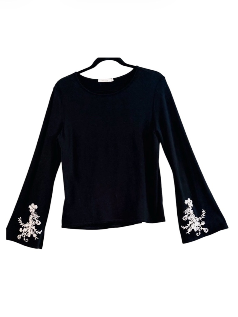 Redhaute Chic Black Long-Sleeve Top with White Embroidered Split Cuffs Size S